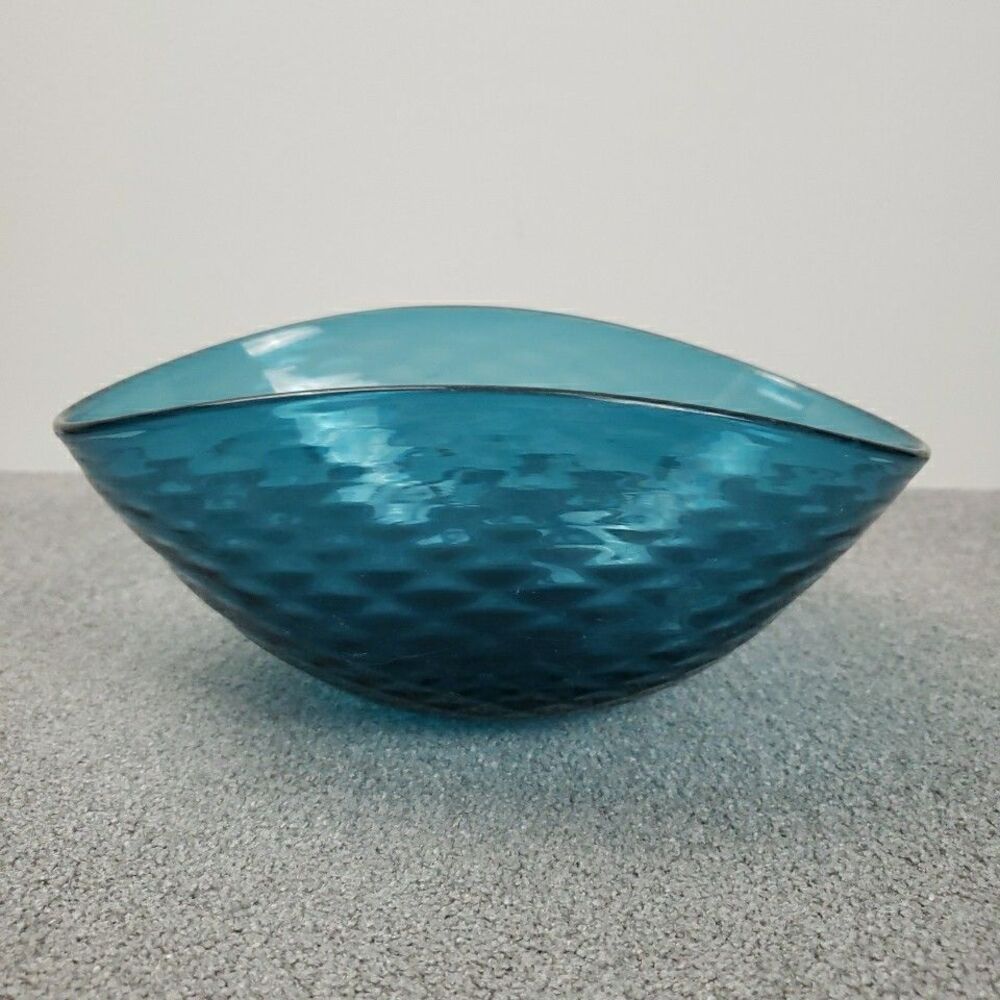 Blue Glass Bowl Diamond Optic Empoli Centerpiece Mid Century VTG